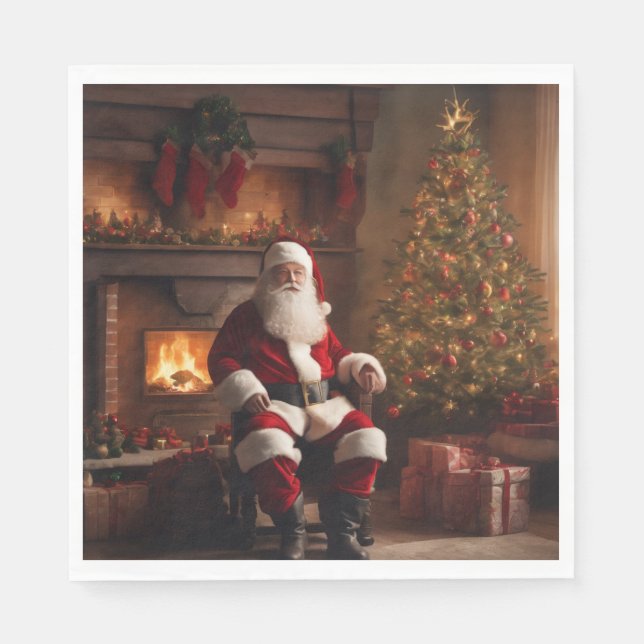 Guardanapo De Papel Papai Noel com Árvore de Natal e Lareira (Frente)