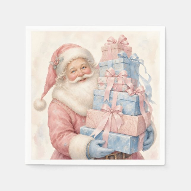 Guardanapo De Papel Papai Noel de Natal Rosa Pastel com Presentes (Frente)