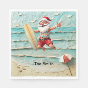 Guardanapo De Papel Papai Noel está Surfando Fundo de Praia
