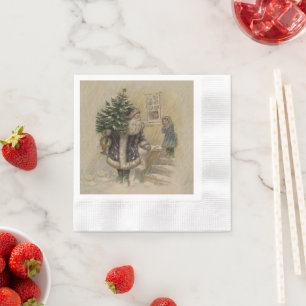 Guardanapo De Papel Papai Noel Vintage Árvore de Natal na Neve