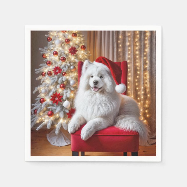 Guardanapo De Papel Papais noeis Samoyed Dog em Cadeira Vermelha (Frente)