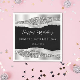 Guardanapo De Papel Papel de Aniversário Feliz de Prata Preta