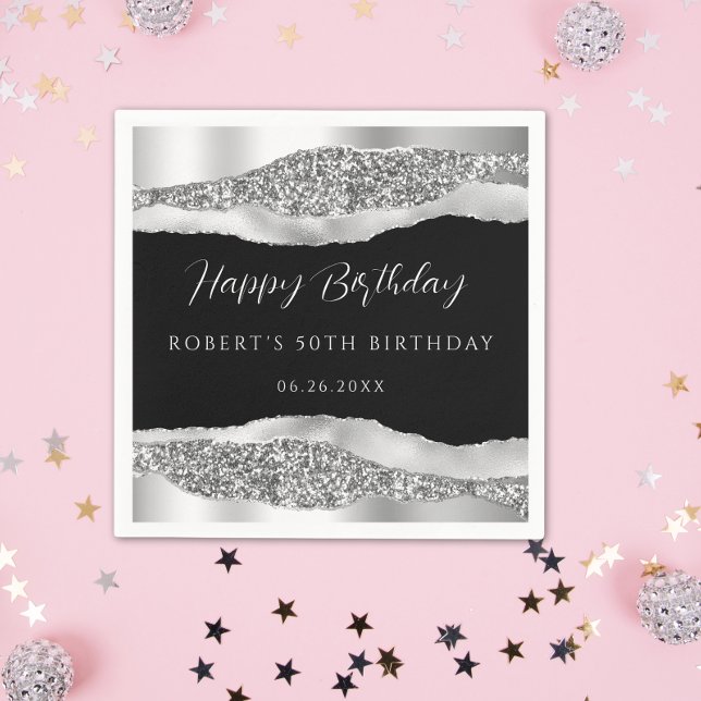 Guardanapo De Papel Papel de Aniversário Feliz de Prata Preta (Criador carregado)