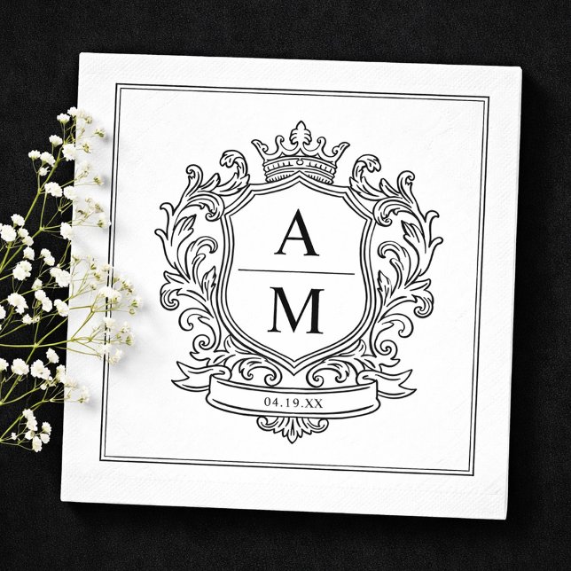 Guardanapo De Papel Papel de Casamento Preto e Branco com Crista Monog (Monogram Crest Black and White Paper Wedding Napkins)