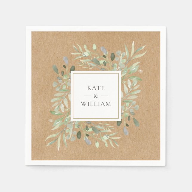 Guardanapo De Papel Papel de casamento rústico kraft com folhas de ver (Frente)