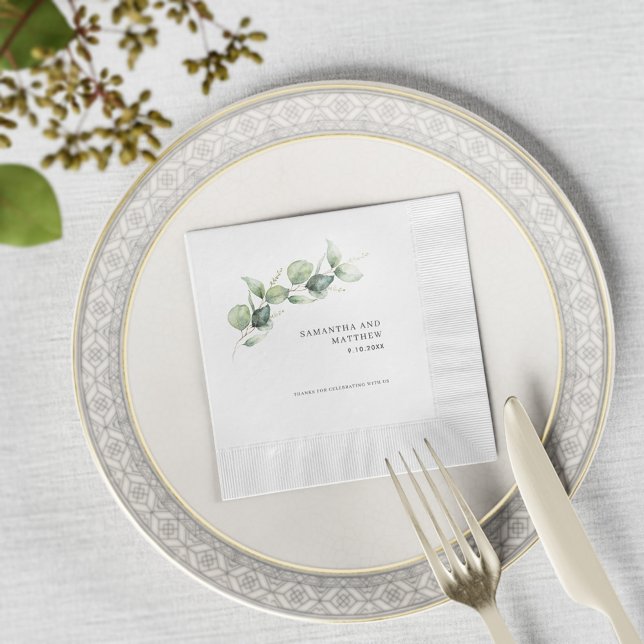 Guardanapo De Papel Papel de Chá de casamento de Folhagem Eucalyptus W (Eucalyptus Greenery Minimalist Wedding Reception Custom Paper Napkin)