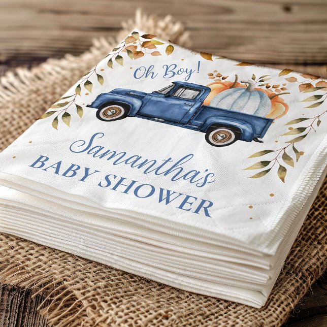 Guardanapo De Papel Papel de Chá de fraldas de carrinho azul (Editable Blue Little Pumpkin Truck Baby Shower Paper Napkin, Fall Baby Shower Napkin Boy, )