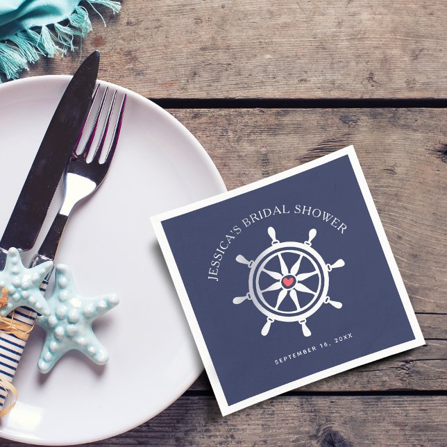 Guardanapo De Papel Papel de Jantar de Roda Náutica Azul Marinho (Nautical Wheel Navy Blue Bridal Shower Paper Napkins)