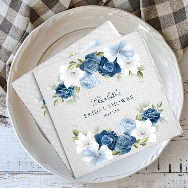 Guardanapo De Papel Papel Floral Azul chá de panela (Modern Elegant Dusty Blue Floral Watercolor Script Bridal Shower Paper Napkins)