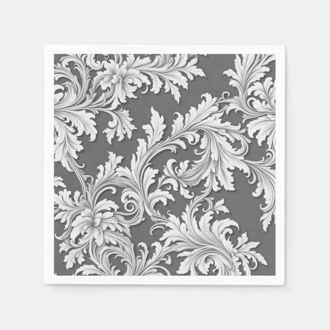 Guardanapo De Papel Papel Napkin Damask Design Cinza preto e branco (Frente)
