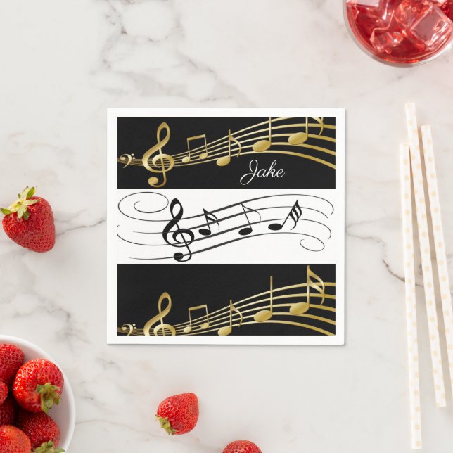 Guardanapo De Papel Papel Napkins, Black White Dourado Music Notes (Insitu)