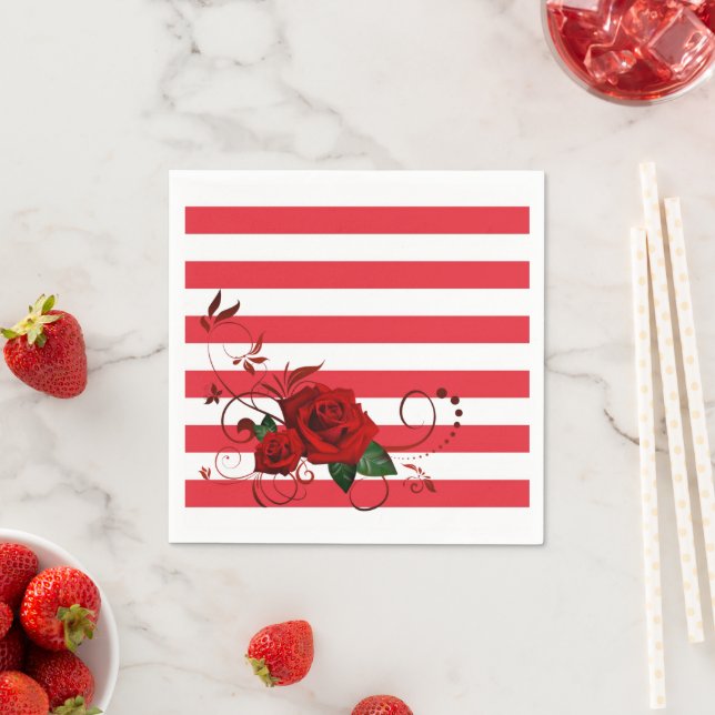 Guardanapo De Papel Papel Napkins, Rosa vermelha Floral de Stripe Verm (Insitu)