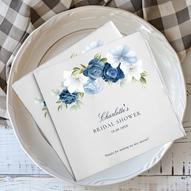 Guardanapo De Papel Papel para Chá de Bebê Floral Azul Poeira em Aquar (Elegant Dusty Blue Floral Watercolor Script Bridal Shower Paper Napkins)