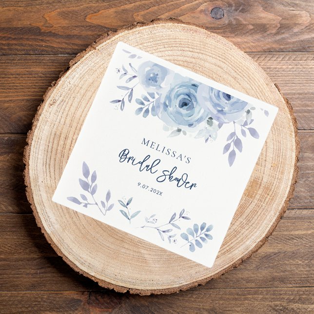 Guardanapo De Papel Papel para Chá de Noiva Algo Azul Antes de Eu Faze (Dusty Blue Floral Watercolor Bridal Shower PAper Napkin)