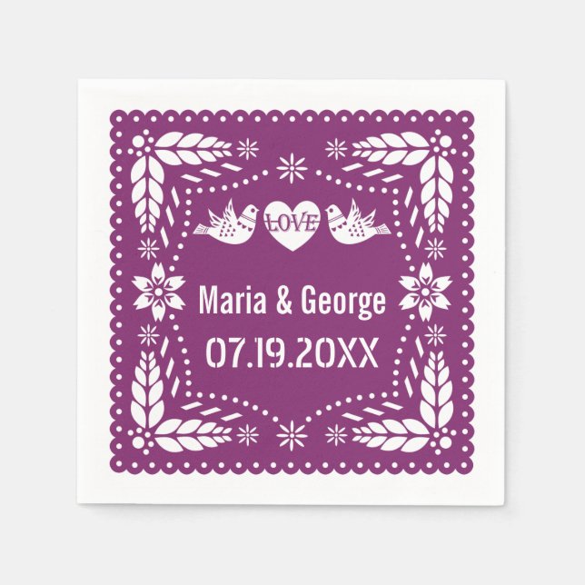 Guardanapo De Papel Papel picado ama pássaros púrpura fiesta de casame (Frente)