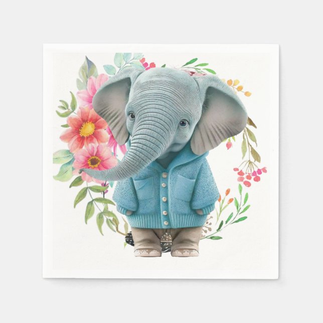 Guardanapo De Papel Paper Napkins Happy Blue Elephant Floral (Frente)