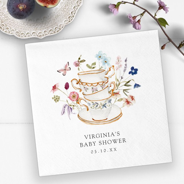 Guardanapo de Papel para Chá de Bebê da Tea Party (Wildflower Butterfly Tea Party Decor Baby Shower Paper Napkin by Painted Paperie
)
