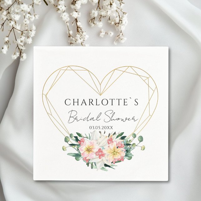Guardanapo de papel para chá de noiva com flor de  (Personalized Heart-Flower Bridal Shower Paper Napkin)