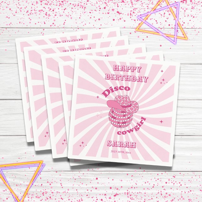 Guardanapo de papel para festa de aniversário Disc (Disco Cowgirl Napkin with name and date, pink)