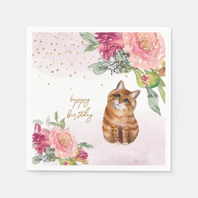 Guardanapo De Papel Parabéns de Aniversário Feliz Ilustração de Gato L (Frente)