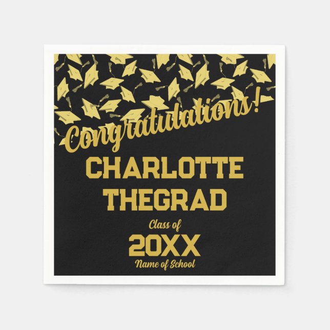Guardanapo De Papel Parabéns de graduação Personalizam o preto Dourado (Frente)
