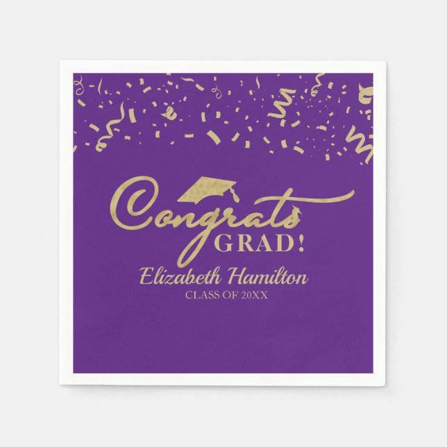 Guardanapo De Papel Parabéns Graduado Dourado Script Graduação Roxo (Frente)
