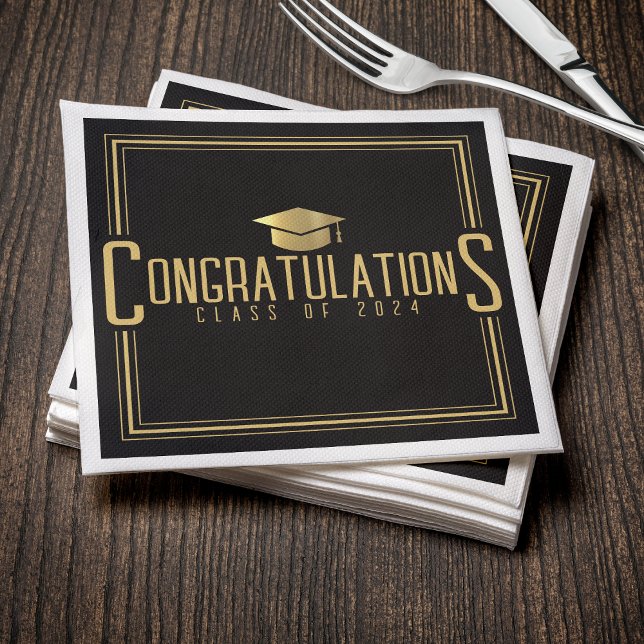 Guardanapo De Papel Parabéns Preta e Dourada Turma de Formatura (Black & Gold Congratulations Class Of Graduation Napkins
)