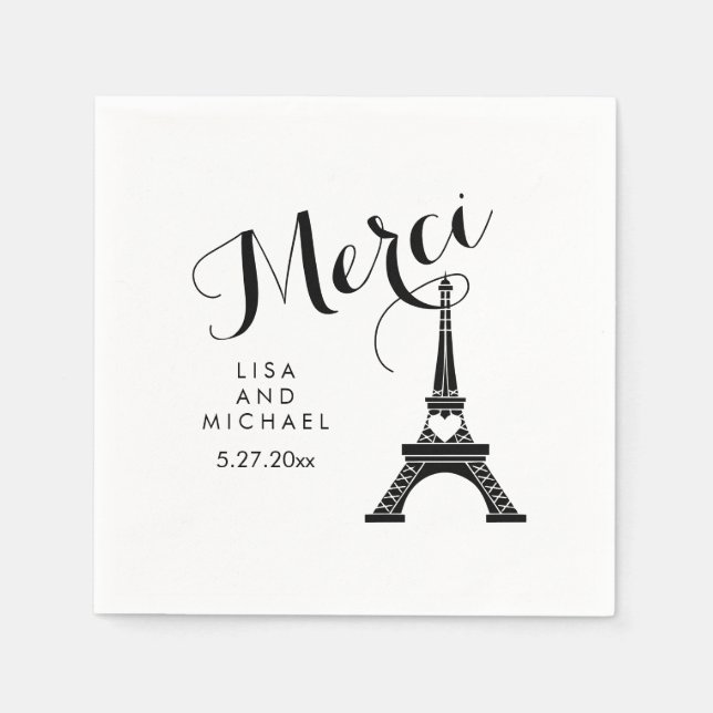 Guardanapo De Papel Paris Eiffel Tower Weding Black and White Merci (Frente)