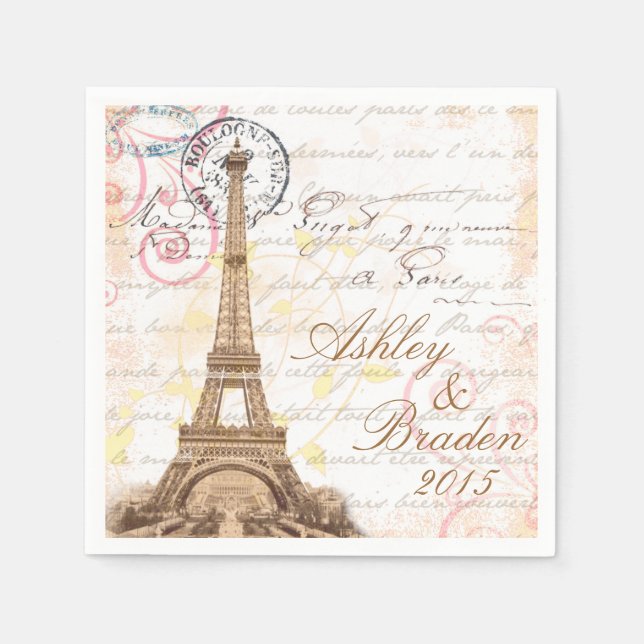 Guardanapo De Papel Paris Vintage Francês Escrevendo Casamento Rosa Na (Frente)