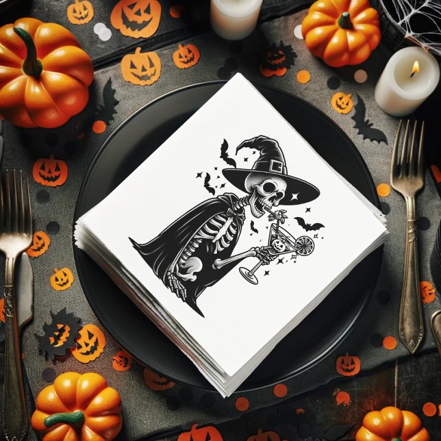 Guardanapo De Papel Partido Cocktail do Halloween, do Esqueleto Negro  (Black and White Skeleton Halloween Cocktail Party Napkins)