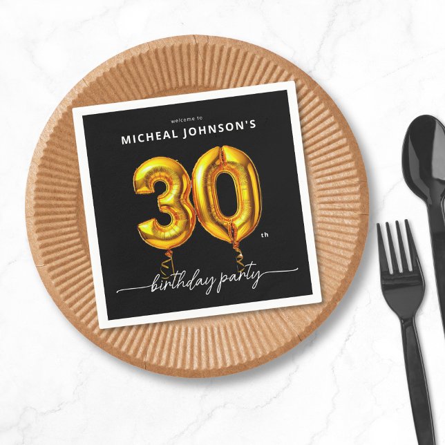 Guardanapo De Papel Partido Dourado do aniversário de 30 anos Negro (Gold Balloon Black 30th Birthday Party Napkins)