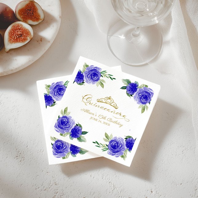 Guardanapo De Papel Partido Quinceanera Dourado Tiara Royal Blue Flora (Criador carregado)