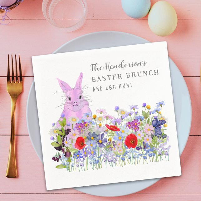 Guardanapo De Papel Páscoa Brunch e Ovo Hunt Bunny Floral (Personalized Easter brunch egg hunt cute pink bunny wildflower floral spring party napkin)