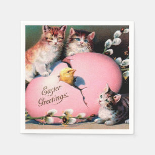 Guardanapo De Papel Páscoa Vintage saudações Gatos Pintinho e Ovo d