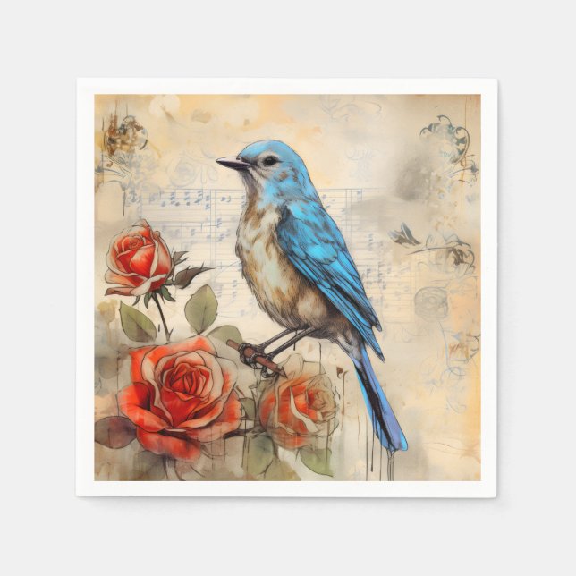 Guardanapo De Papel Pássaro azul e Rosas 1 (Frente)
