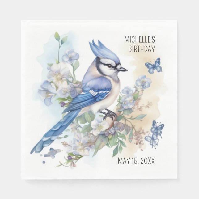 Guardanapo De Papel Pássaro Azul Flores Primavera Aniversário Nome (Frente)