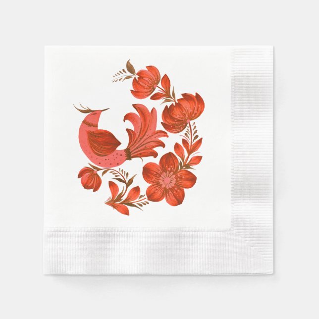 Guardanapo De Papel Pássaro de Arte Popular Vermelho & Floral  (Frente)