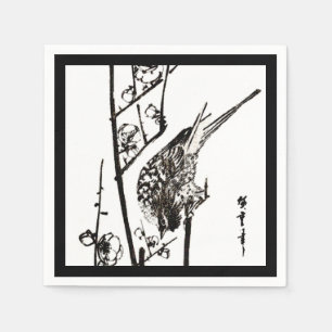 Guardanapo De Papel Pássaro Japonês em um Galho - Preto e Branco