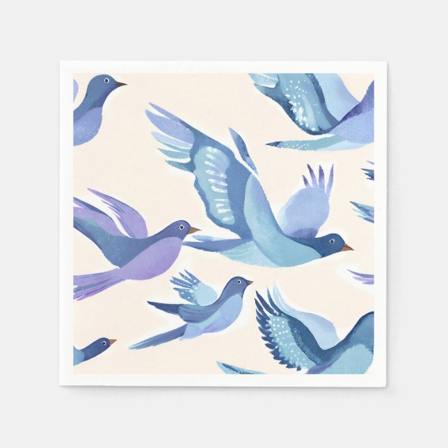 Guardanapo De Papel Pássaros Azuis Voando | Aquarela Moderna (Frente)