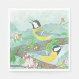Guardanapo De Papel Pássaros cantando em um galho de árvore florescent