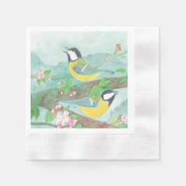Guardanapo De Papel Pássaros cantando em um galho de árvore florescent