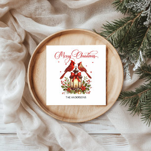 Guardanapo De Papel Pássaros Cardinal em Lanterna de Natal em Aquarela