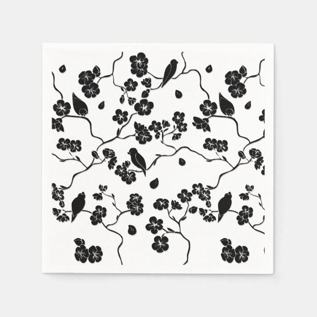 Guardanapo De Papel Pássaros com padrão preto e branco em flores de ce (Frente)