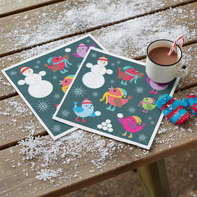 Guardanapo De Papel Pássaros de inverno brincando em neve com boneco d (Criador carregado)