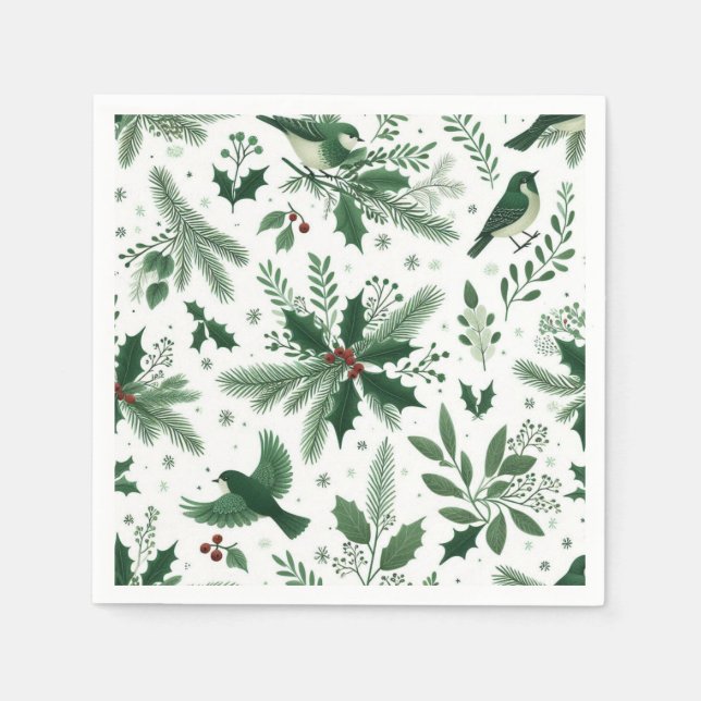 Guardanapo De Papel Pássaros e Galhos Verde Esmeralda de Natal (Frente)