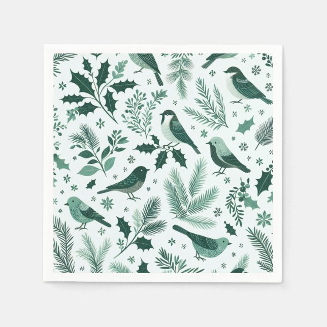 Guardanapo De Papel Pássaros e Galhos Verde Esmeralda de Natal (Frente)