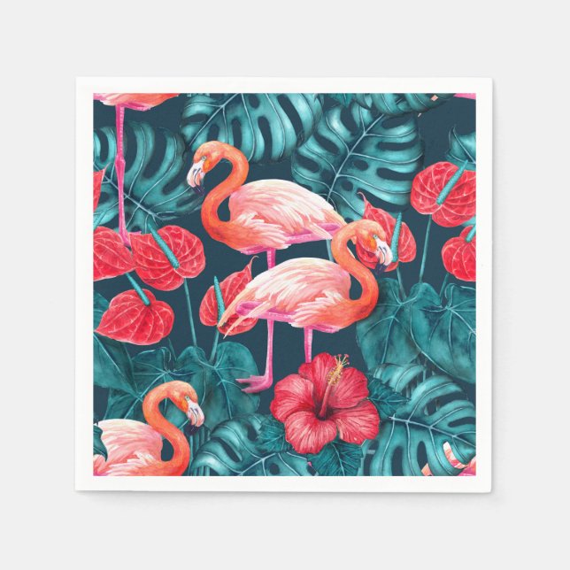 Guardanapo De Papel Pássaros Flamingo e aquarela de jardim tropical (Frente)