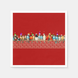 Guardanapo De Papel Pássaros Vestindo Papai Noel Sentados em uma Perca