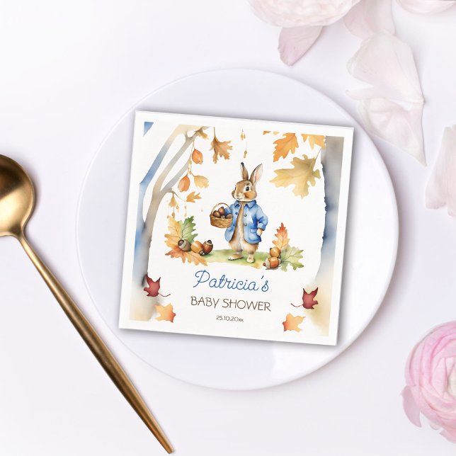 Guardanapo De Papel Pasta de chá de fraldas de queda de coelho Peter (Peter rabbit baby shower tableware personalized party plates cute bunny acorn basket oak trees fall)