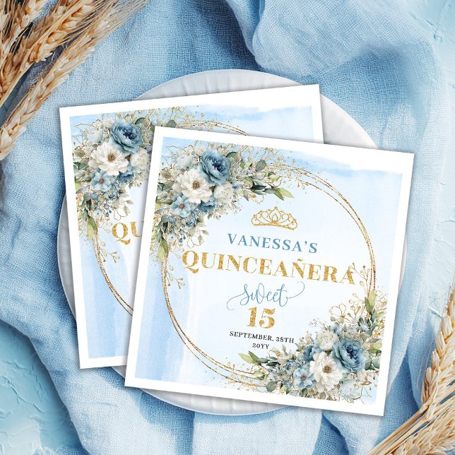 Guardanapo De Papel Pastel Blue Boho Floral Gold Glitter 15th Birthday (Pastel Blue Boho Floral Gold Glitter 15th Birthday Napkins)